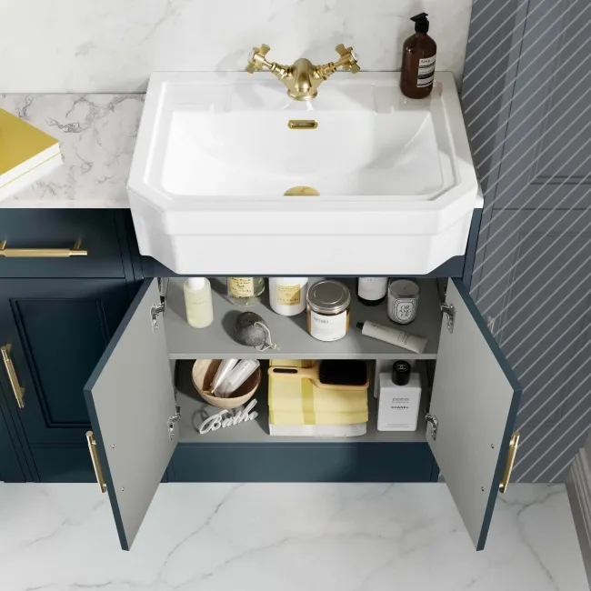 Monaco Inky Blue Combination Vanity Traditional Basin with Marble Top 1500mm (Excludes Pan & Cistern) - Brass Knurled Handles
