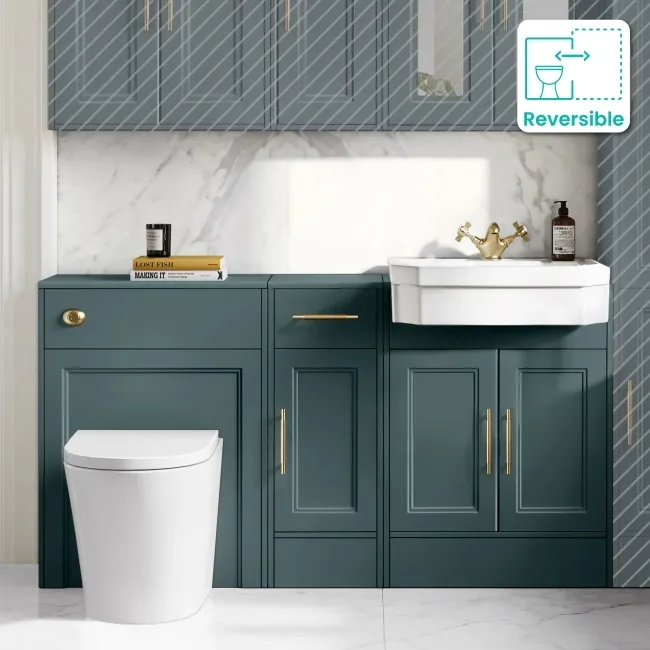 Monaco Midnight Green Combination Vanity Traditional Basin and Boston Toilet 1500mm - Brass Knurled Handles