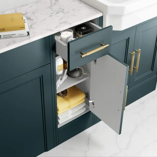 Monaco Midnight Green Combination Vanity Traditional Basin with Marble Top & Hudson Toilet with Wooden Seat 1500mm - Brass Knurled Handles