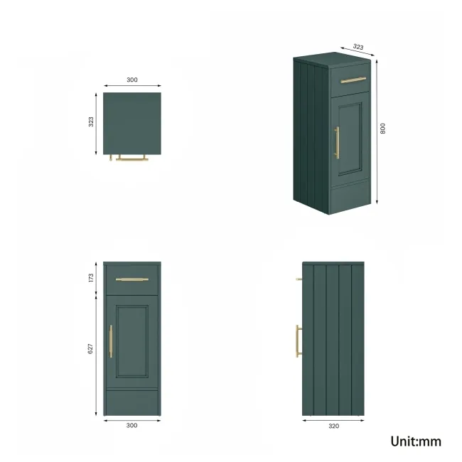 Monaco Midnight Green Side Cabinet Unit 300mm - Brass Knurled Handles