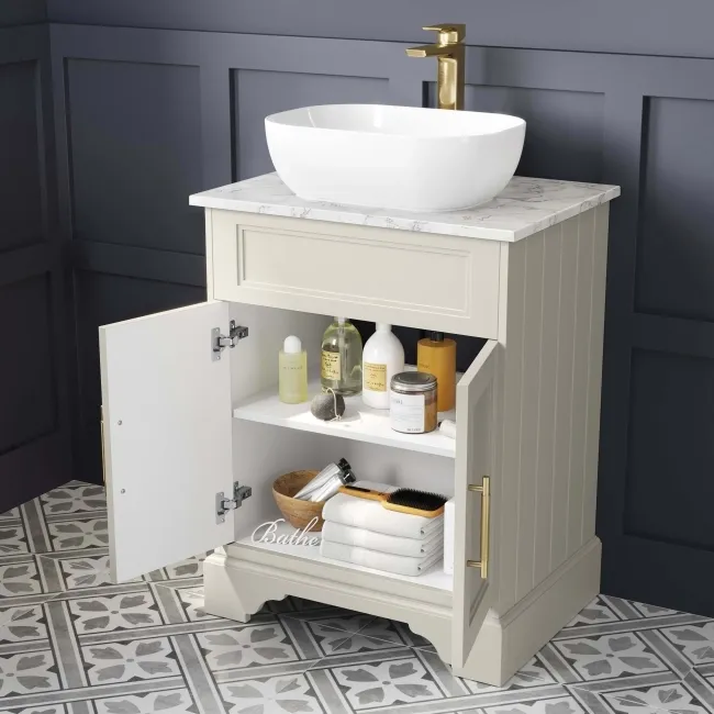Lucia Chalk White Vanity with Marble Top & Curved Counter Top Basin 640mm - Brass Knurled Handles
