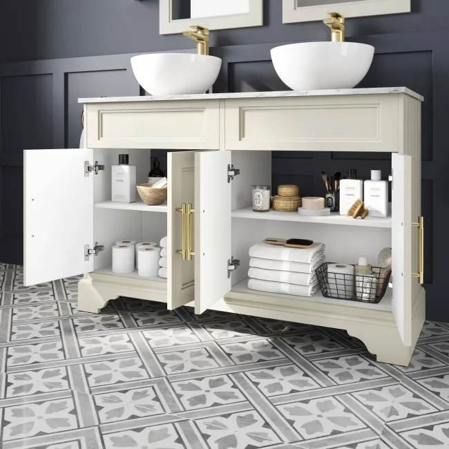 Lucia Chalk White Double Vanity with Marble Top & Round Counter Top Basin 1200mm - Brass Knurled Handles