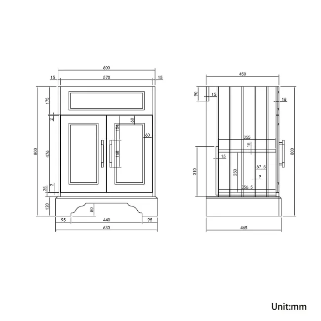 Lucia Graphite Grey Cabinet with Oak Effect Top 640mm (Excludes Counter Top Basin) - Brass Knurled Handles