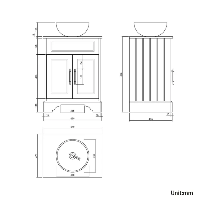 Lucia Graphite Grey Vanity with Oak Effect Top & Round Counter Top Basin 640mm - Brass Knurled Handles