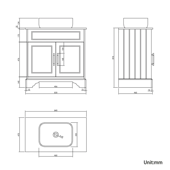 Lucia Graphite Grey Vanity with Oak Effect Top & Curved Counter Top Basin 840mm - Brass Knurled Handles