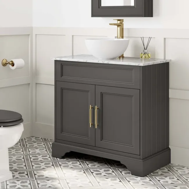 Lucia Graphite Grey Vanity with Marble Top & Round Counter Top Basin 840mm - Brass Knurled Handles