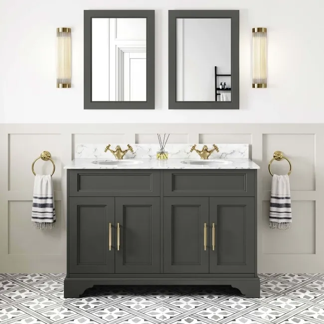Lucia Graphite Grey Double Vanity with Marble Top & Undermount Basins 1200mm - Brass Knurled Handles