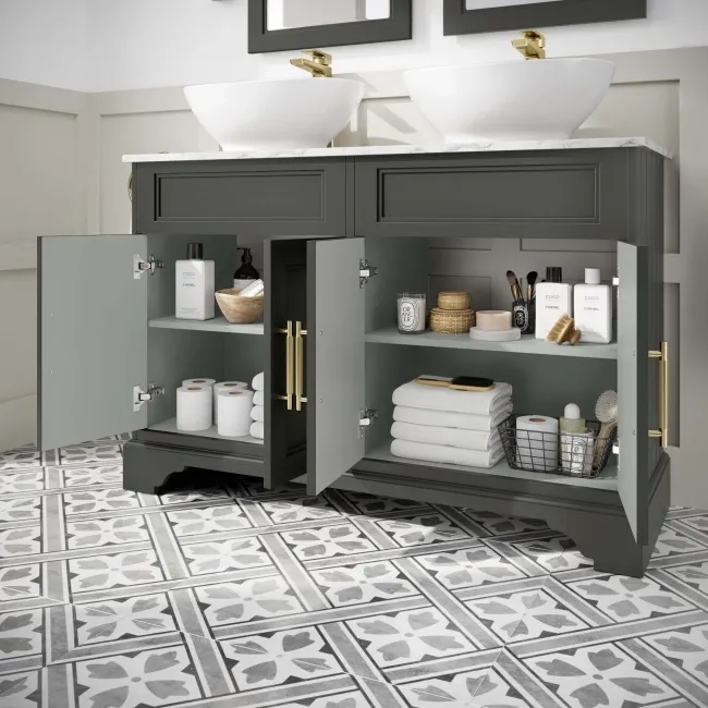 Lucia Graphite Grey Double Vanity with Marble Top & Oval Counter Top Basin 1200mm - Brass Knurled Handles