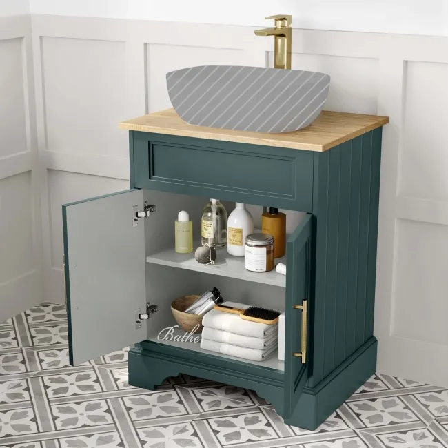 Lucia Midnight Green Cabinet with Oak Effect Top 640mm (Excludes Counter Top Basin) - Brass Knurled Handles