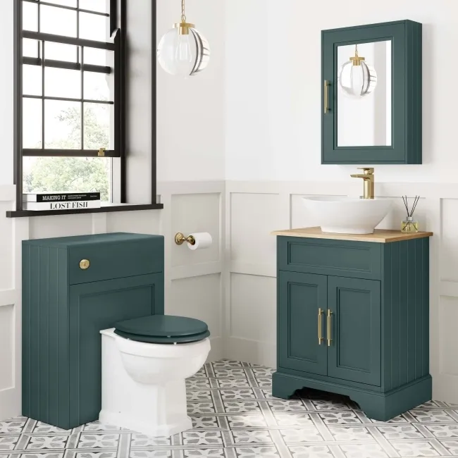 Lucia Midnight Green Vanity with Oak Effect Top & Oval Counter Top Basin 640mm - Brass Knurled Handles