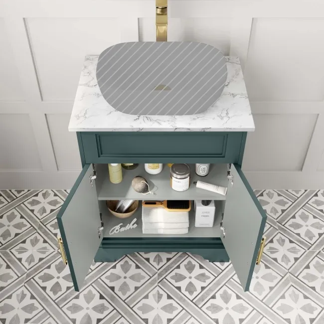 Lucia Midnight Green Cabinet with Marble Top 640mm (Excludes Counter Top Basin) - Brass Knurled Handles