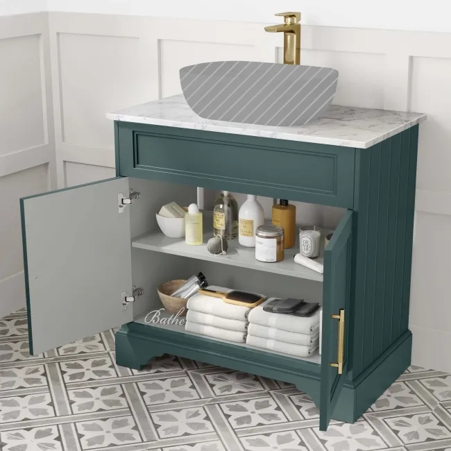 Lucia Midnight Green Cabinet with Marble Top 840mm (Excludes Counter Top Basin) - Brass Knurled Handles