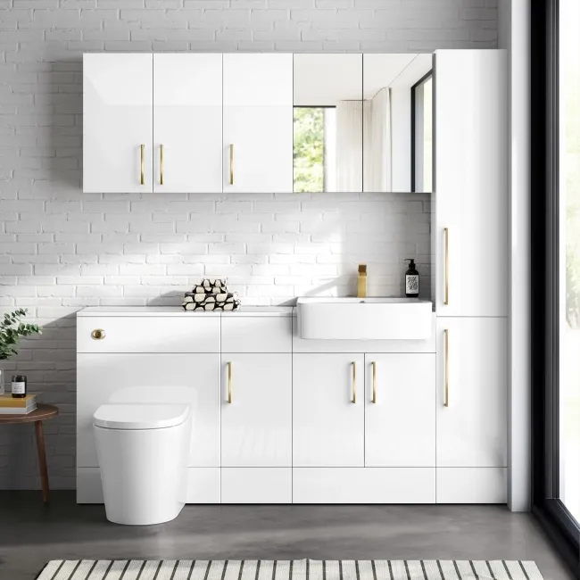 Harper Gloss White Combination Vanity Basin and Boston Toilet 1500mm - Brushed Brass Accents