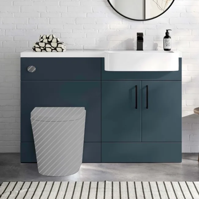 Harper Navy Blue Basin Vanity and Back To Wall Toilet Unit 1200mm (Excludes Toilet) - Black Accents - Right Handed
