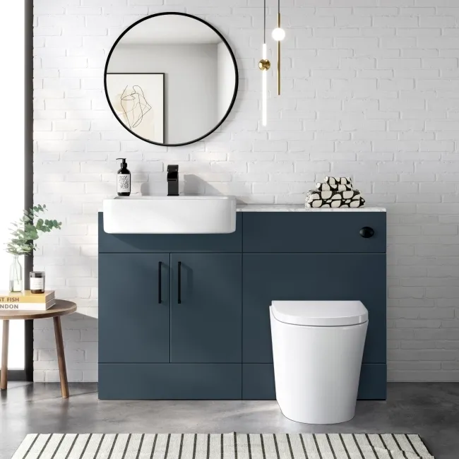 Harper Navy Blue Combination Vanity Basin with Marble Top & Boston Toilet 1200mm - Black Accents