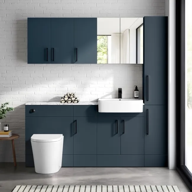 Harper Navy Blue Combination Vanity Basin with Marble Top & Boston Toilet 1500mm - Black Accents