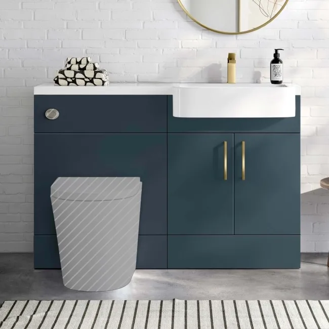 Harper Navy Blue Basin Vanity and Back To Wall Toilet Unit 1200mm (Excludes Toilet) - Brushed Brass Accents - Right Handed