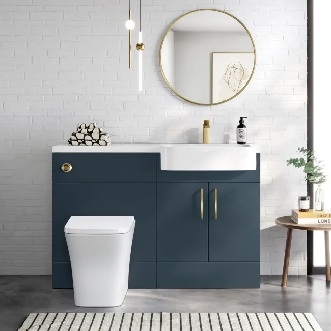 Harper Navy Blue Combination Vanity Basin and Houston Toilet 1200mm - Brushed Brass Accents - Right Handed