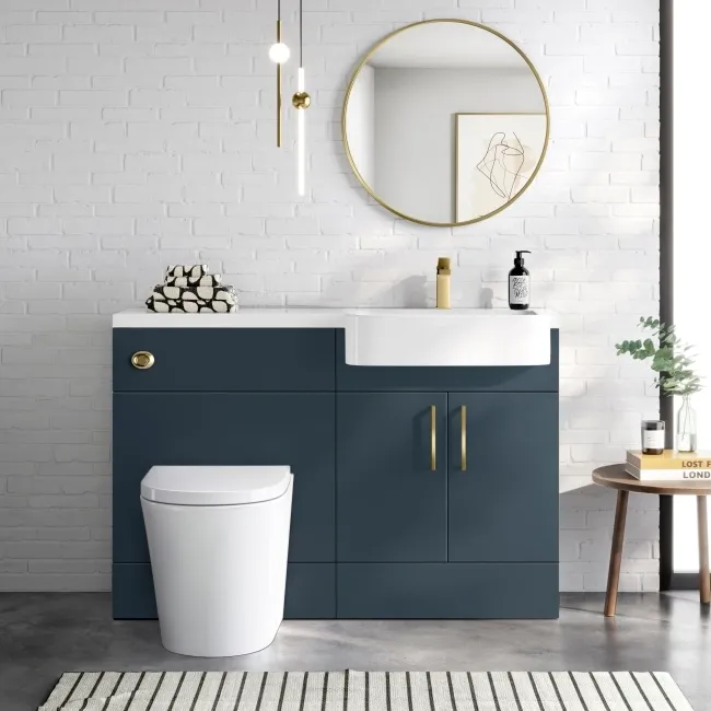 Harper Navy Blue Combination Vanity Basin and Boston Toilet 1200mm - Brushed Brass Accents - Right Handed