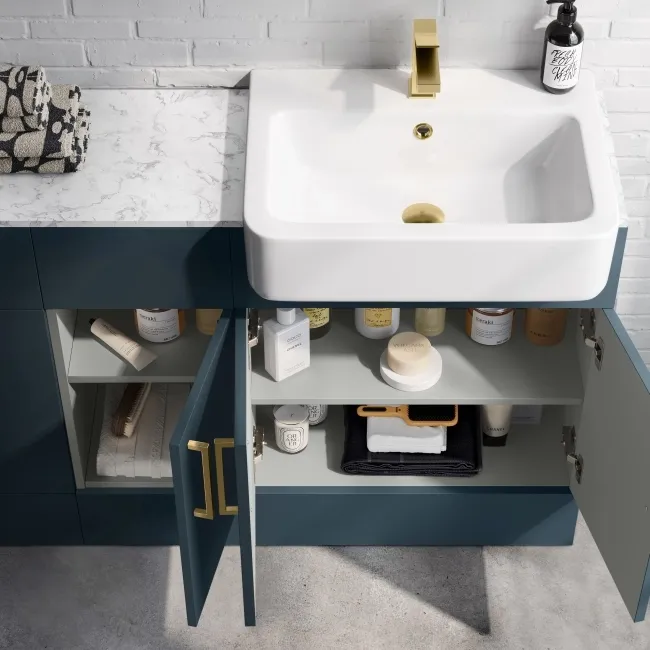 Harper Navy Blue Combination Vanity Basin with Marble Top & Tucson Toilet 1500mm - Brushed Brass Accents