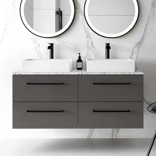Elba Graphite Grey Double Wall Hung Drawer Vanity with Marble Top & Cody Basin 1200mm - Black Accents