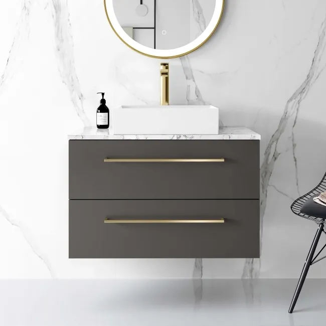 Elba Graphite Grey Wall Hung Drawer Vanity with Marble Top & Cody Basin 800mm - Brushed Brass Accents