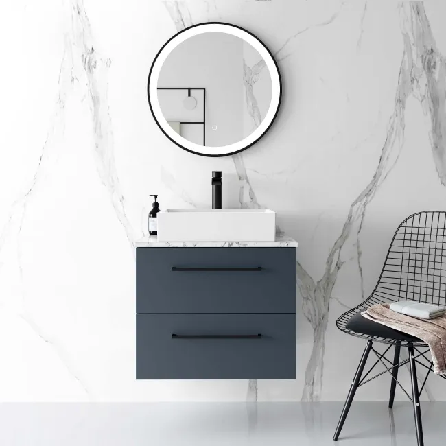 Elba Inky Blue Wall Hung Drawer Vanity with Marble Top & Cody Basin 600mm - Black Accents