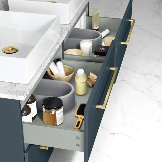 Elba Inky Blue Double Wall Hung Drawer Vanity with Marble Top & Cody Basin 1200mm - Brushed Brass Accents