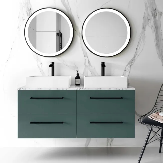 Elba Midnight Green Double Wall Hung Drawer Vanity with Marble Top & Cody Basin 1200mm - Black Accents