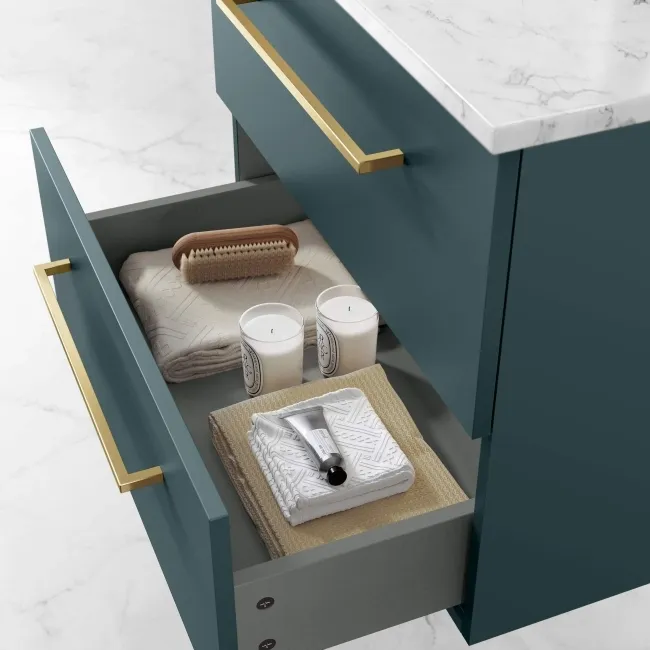 Elba Midnight Green Wall Hung Drawer Vanity with Marble Top & Cody Basin 600mm - Brushed Brass Accents