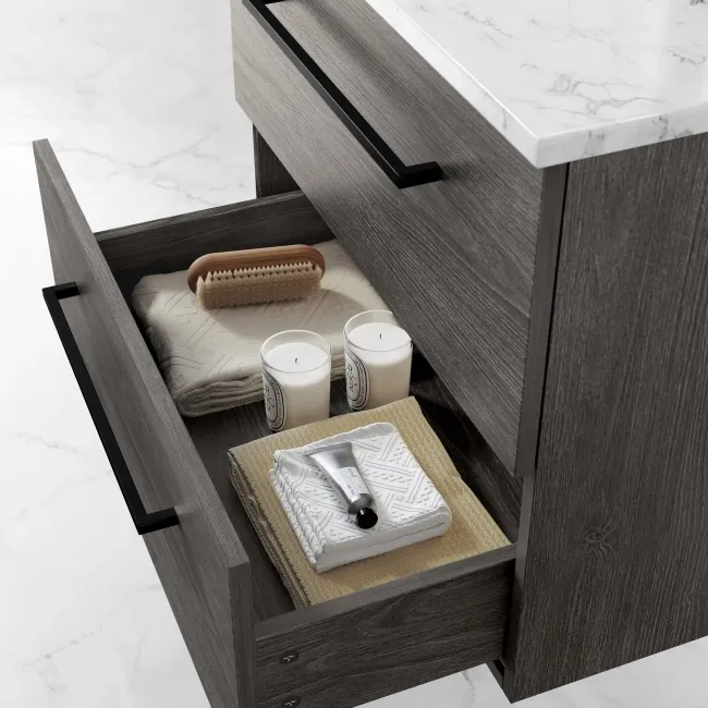 Elba Charcoal Elm Wall Hung Drawer Vanity with Marble Top & Cody Basin 600mm - Black Accents