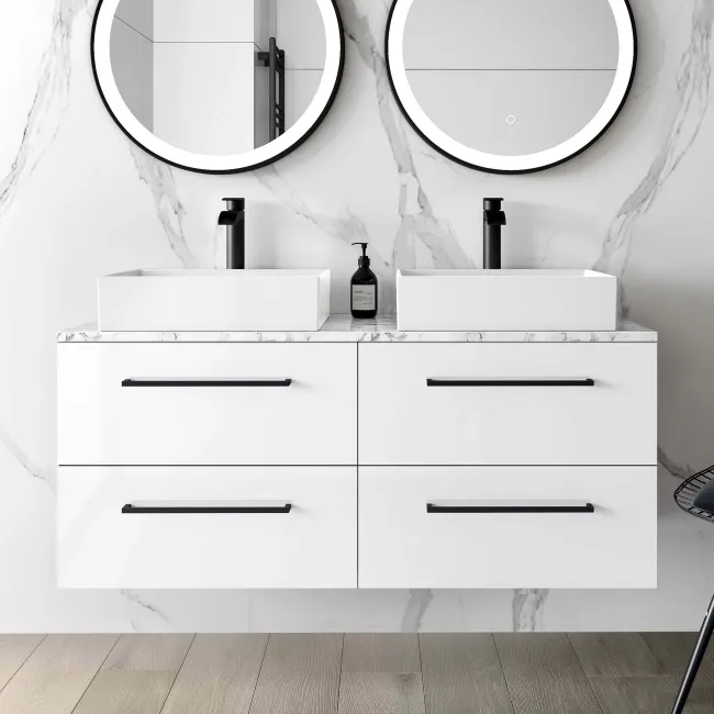 Elba Gloss White Double Wall Hung Drawer Vanity with Marble Top & Cody Basin 1200mm - Black Accents
