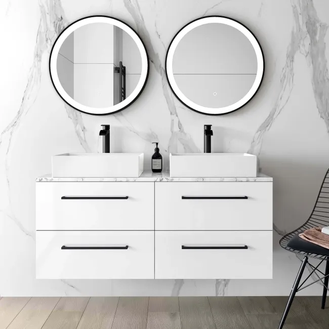 Elba Gloss White Double Wall Hung Drawer Vanity with Marble Top & Cody Basin 1200mm - Black Accents