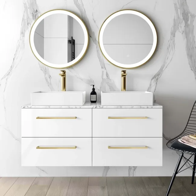 Elba Gloss White Double Wall Hung Drawer Vanity with Marble Top & Cody Basin 1200mm - Brushed Brass Accents
