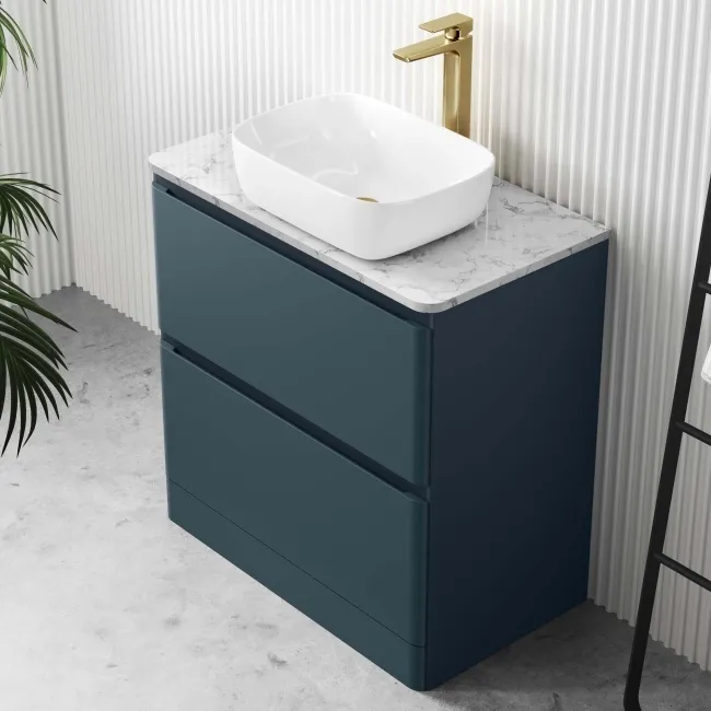 Corsica Inky Blue Vanity Drawer with Marble Top & Curved Counter Top Basin 800mm