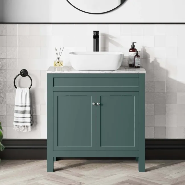 Bermuda Midnight Green Vanity with Marble Top & Curved Counter Top Basin 800mm