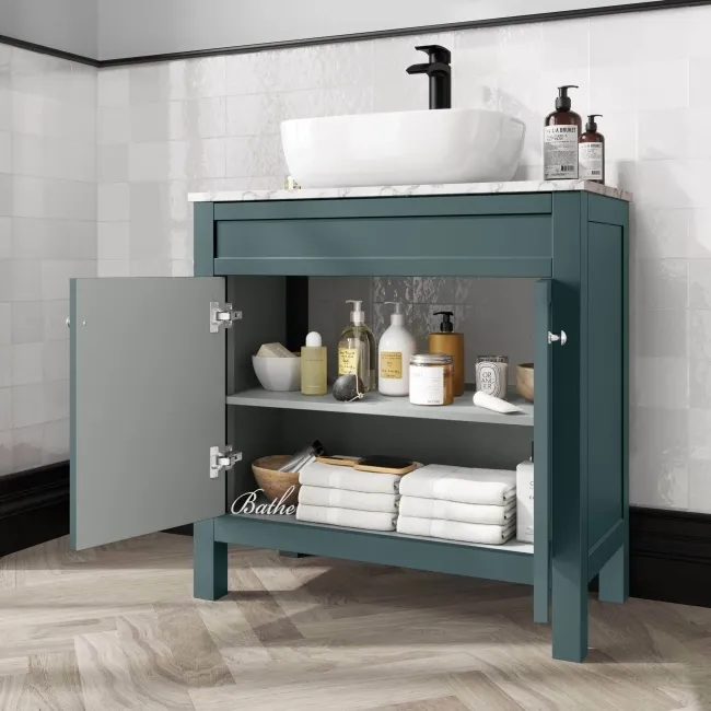 Bermuda Midnight Green Vanity with Marble Top & Curved Counter Top Basin 800mm