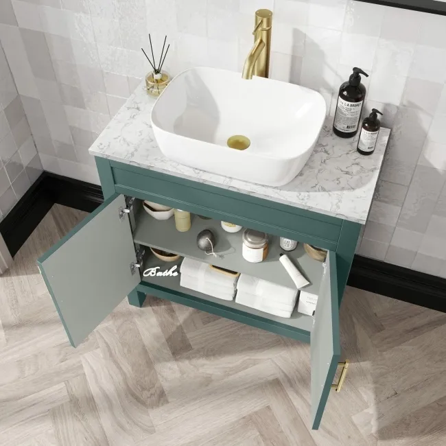 Bermuda Midnight Green Vanity with Marble Top & Curved Counter Top Basin 800mm - Brass Knurled Handles