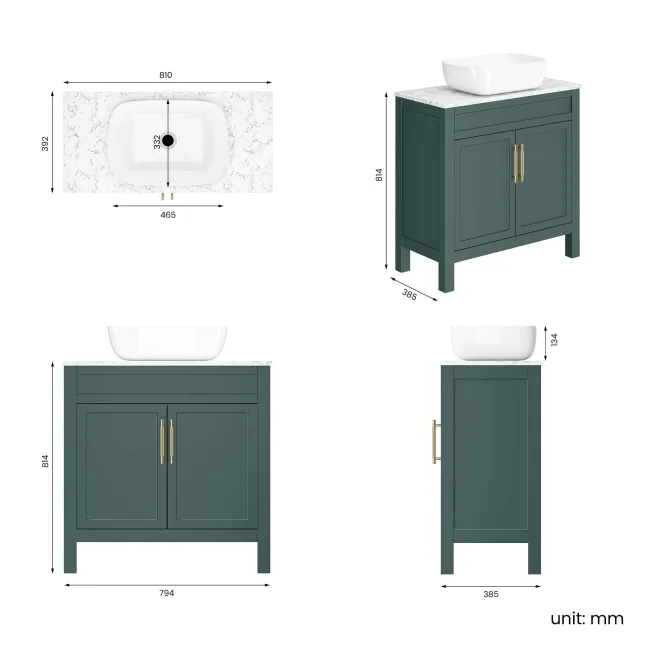 Bermuda Midnight Green Vanity with Marble Top & Curved Counter Top Basin 800mm - Brass Knurled Handles