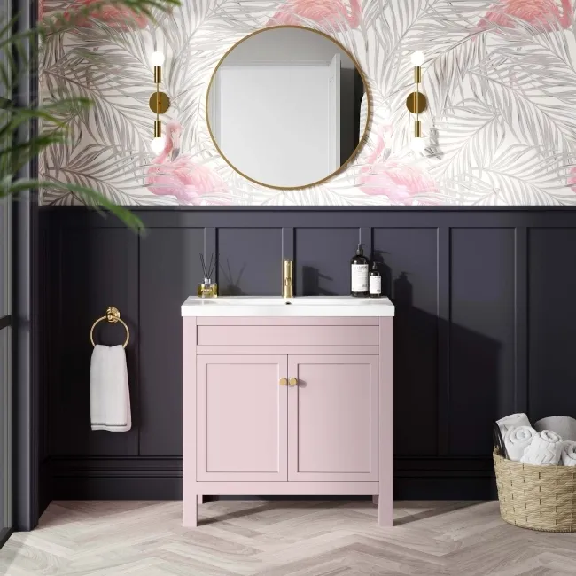 Bermuda Cashmere Pink Basin Vanity 800mm - Brushed Brass Accents