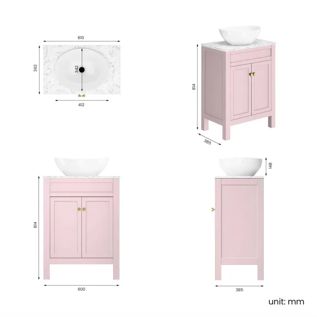 Bermuda Cashmere Pink Vanity with Marble Top & Oval Counter Top Basin 600mm - Brushed Brass Accents