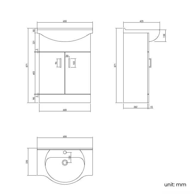 Quartz Gloss White Vanity with Semi Recessed Basin 650mm - Black Accents