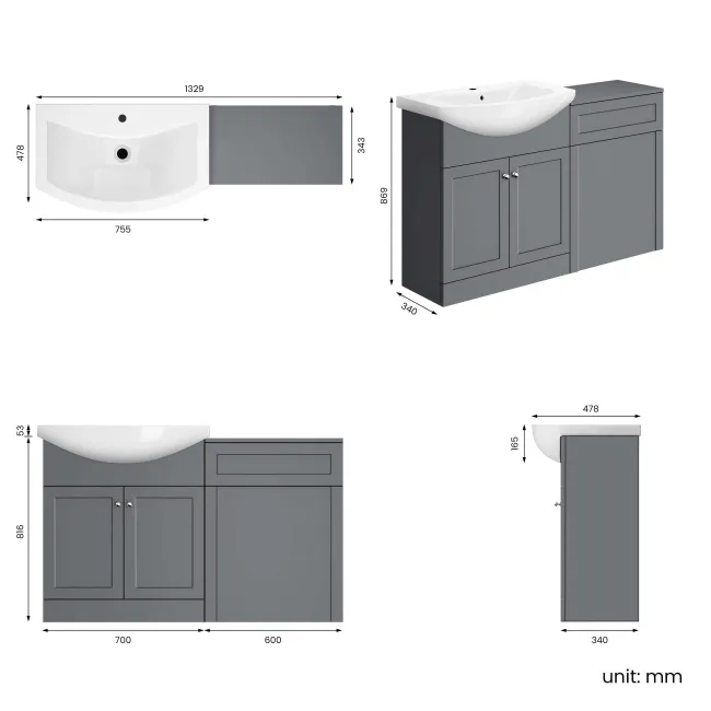 Capri Fog Grey Basin Vanity and Back To Wall Unit 1350mm (Excludes Toilet) - Chrome Handles