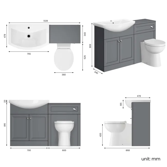 Capri Fog Grey Combination Vanity Basin and Austin Toilet 1350mm - Chrome Handles