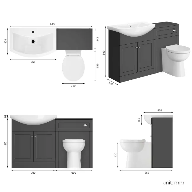 Capri Slate Grey Combination Vanity Basin and Austin Toilet 1350mm - Chrome Handles