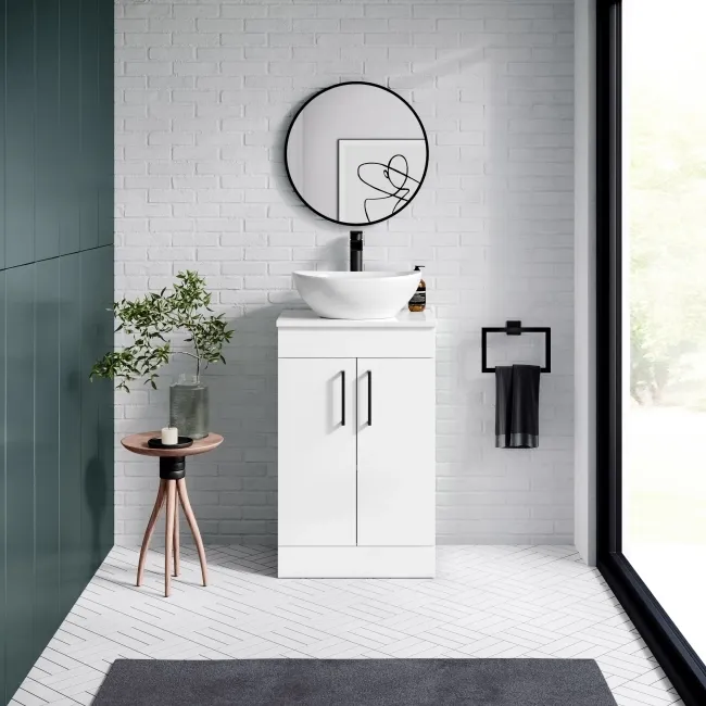 Mersey Gloss White Vanity with Oval Basin 500mm - Black Accents