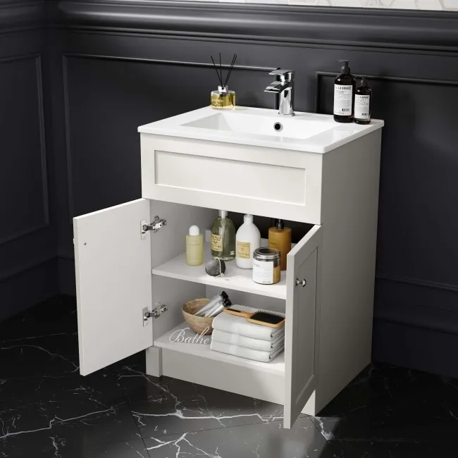 Milos Cotton White Basin Vanity 600mm - Brushed Handles