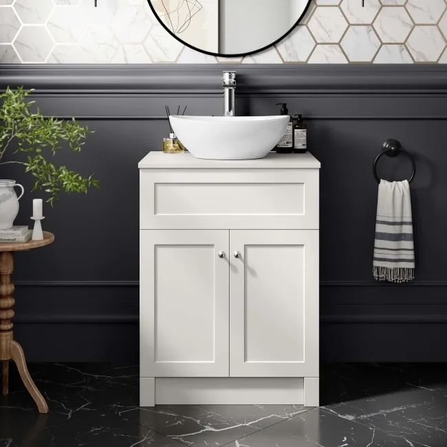 Milos Cotton White Vanity with Oval Basin 600mm - Brushed Handles