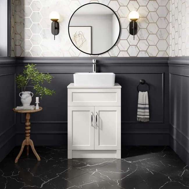 Milos Cotton White Vanity with Troy Basin 600mm - Traditional Handles