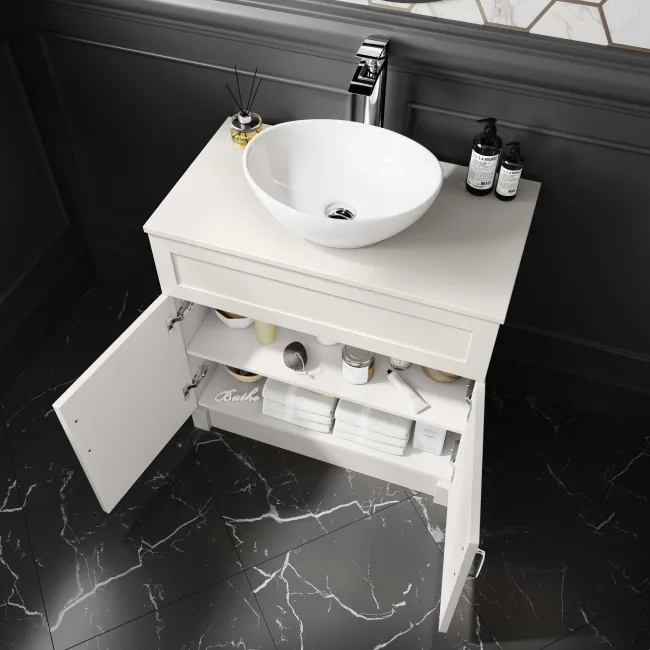Milos Cotton White Vanity with Oval Basin 800mm - Traditional Handles